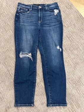 Judy Blue Dark Indigo High-Rise Distressed Skinny Jeans Boyfriend Fit Size 15/32